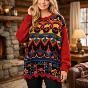 Vtg 90s Whimsical Red sweater Embroidered Ramie tunic bohemian sz S